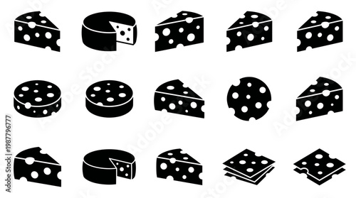 Collection of various cheese icons including wedges, wheels and slices with holes isolated on white background, concept for culinary menu design, dairy product marketing and food application interface