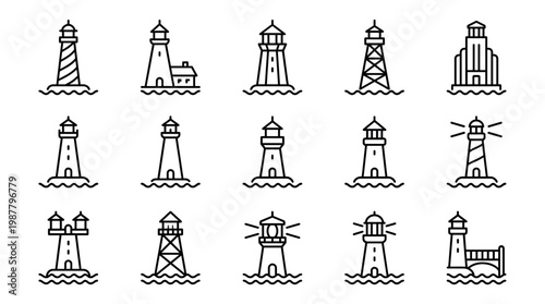 Set of minimalist black line icons representing various lighthouse structures and coastal towers, concept for maritime navigation, coastal safety signage and travel application design