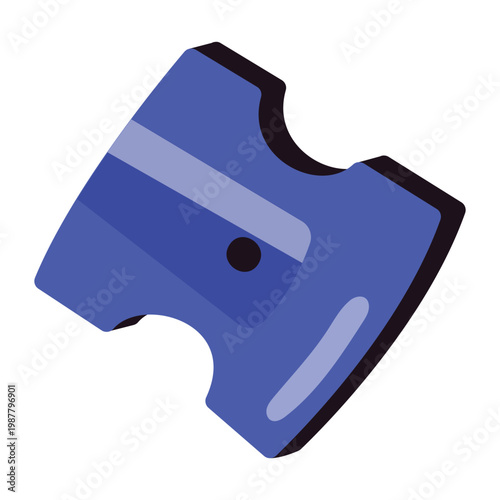 A simple blue pencil sharpener with a black dot and a lighter blue stripe, depicted as a cartoon illustration.