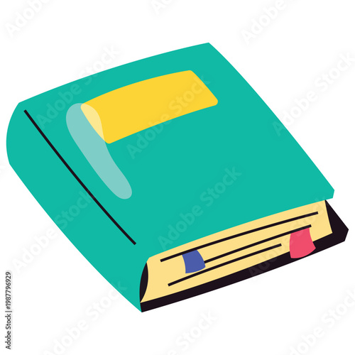 A teal colored book with a yellow label and two colorful bookmarks, lying flat.