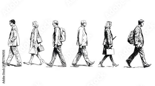 Sketch of people walking in a line.