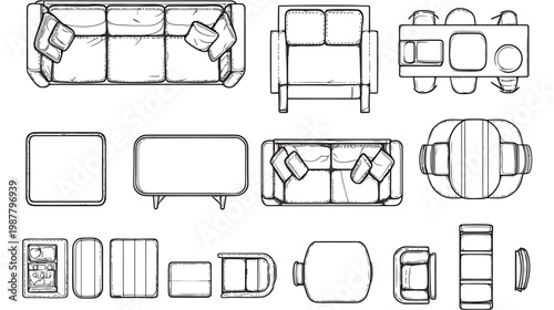 Top Down View Furniture Collection Blueprint Style.