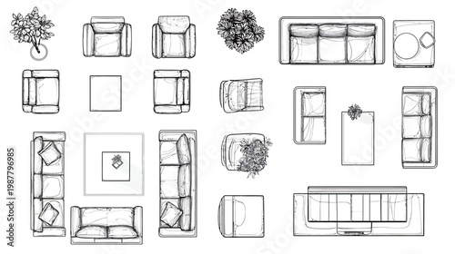 Top Down View Furniture Layouts and Floor Plan Elements.