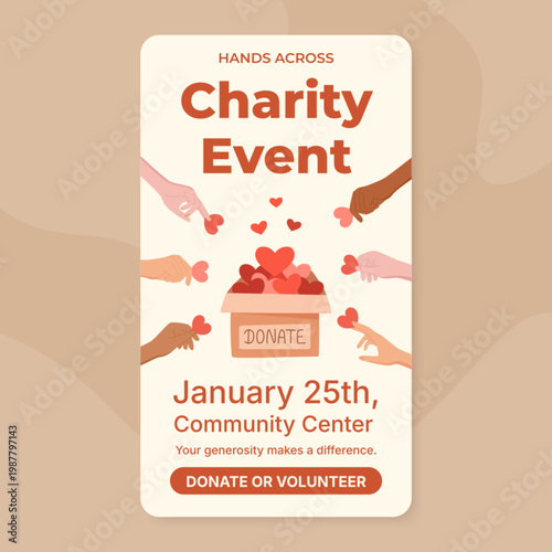 Charity event poster with flat heart box and people hands in warm beige and red color. Community donation concept as volunteer help scene charity support layout. Ideal template for donate volunteer