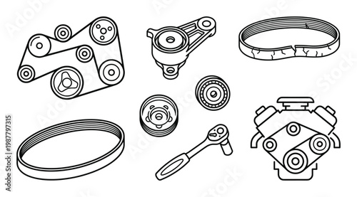 Car engine belt system parts like serpentine belt tensioner pulleys and motor