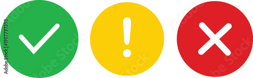 Validation status icons set with check mark cross and exclamation symbols   circle buttons approval error warning UI vector isolated on transparent background.
