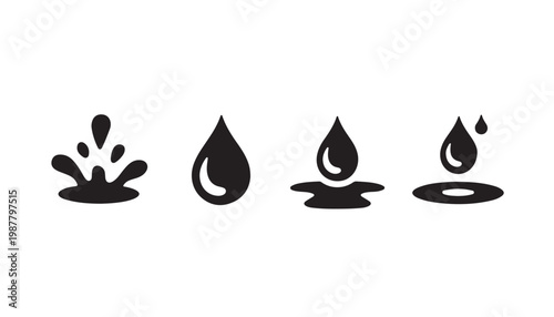 Black vector icons of various water droplets and splashes