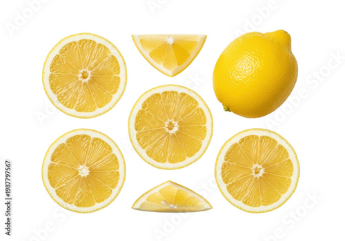 A hyper-detailed flat lay of fresh ripe lemons, whole and sliced, isolated on a transparent background with copy space. Concept for beverage advertising