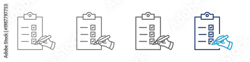 Assessment icons commonly feature symbols representing analysis, measurement, and evaluation, such as a clipboard with a checklist and designed with varying line thicknesses and a blue color scheme.