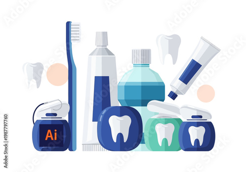 Dental Hygiene Kit and Oral Care Set Illustration with Toothbrush, Toothpaste, Mouthwash, and Dental Floss - Flat Vector Design for Dentistry and Daily Personal Hygiene.
