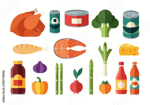Flat Vector Illustration Set of Healthy Food Groceries, Meat, Vegetables, and Pantry Items Isolated on White