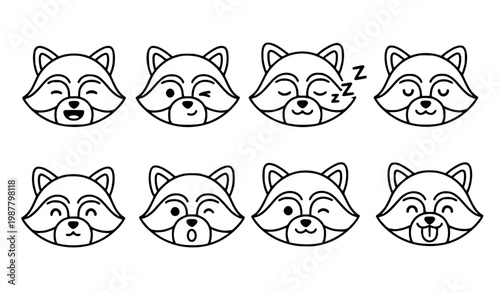 Six cute raccoon icons different expressions black white vector