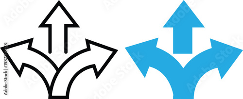 Directional arrow icons set with three way navigation paths decision concept branching arrows UI symbols minimal vector isolated on transparent background.