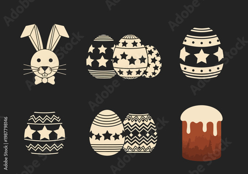 Minimalist Easter Icon Collection Featuring Bunny Head, Decorated Eggs with Stars and Patterns, and Traditional Glazed Cake on Dark Background
