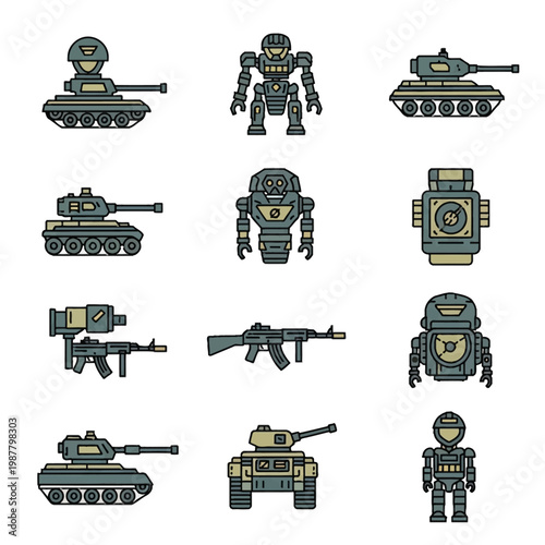 Military icon set featuring futuristic combat tanks, bipedal mechs, robotic infantry, tactical assault rifles, and high-tech equipment in clean line art style with muted colors.