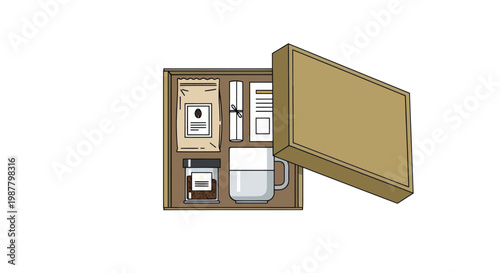 Coffee Gift Box Set with Mug, Beans, and Accessories Isolated on White