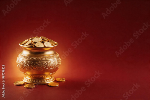 Gold pot centered with coins, Akshaya Tritiya festival wealth concept, premium red background