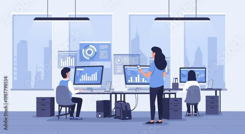 Modern office interior flat vector illustration with data analysts working at desks with computers and monitors displaying financial charts and graphs against city skyline background.