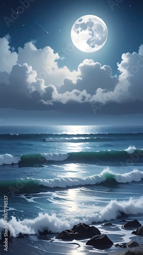 Moonlit ocean waves on rocky beach.