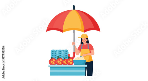 Street vendor selling fresh produce under a colorful umbrella