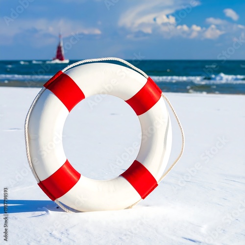 A lifebuoy on a sandy beach with a distant lighthouse
