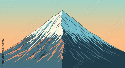 Vector illustration of a symmetrical snow-capped volcanic mountain peak, featuring stylized blue and white textures with high contrast shadows against a peach and teal gradient sky.