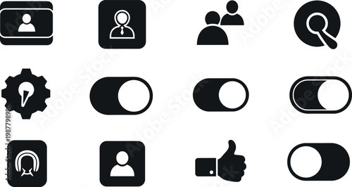 User interface and profile control solid icon set with toggle switches, search, settings, and account management symbols for apps