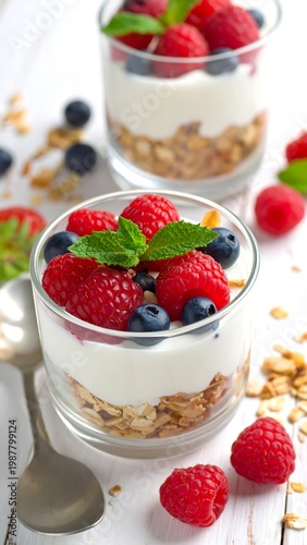 A close-up of two glasses filled with yogurt and topped with fresh berries