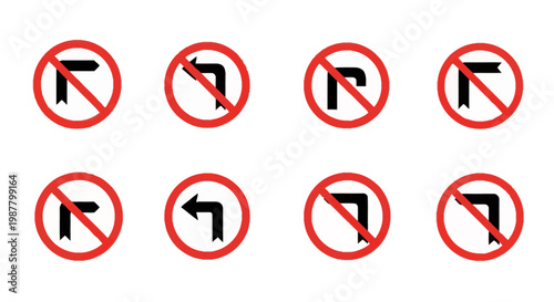 Collection of eight regulatory traffic road signs featuring prohibited turn symbols, including no left turn, no right turn, and restricted movement icons in red and black on white.