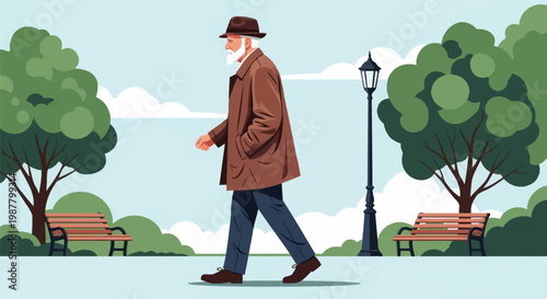 Vector illustration of an elderly senior man with a white beard and hat walking in a public park featuring green trees, wooden benches, and a vintage lamp post under a blue sky.