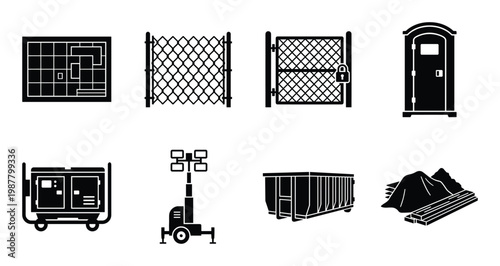 Construction site elements including portable toilet, generator, fence, and pile of materials