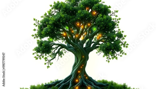 Biomechanical tree with glowing sap and integrated tech patterns, symbolizing harmony between nature and innovation, vibrant greens, no text