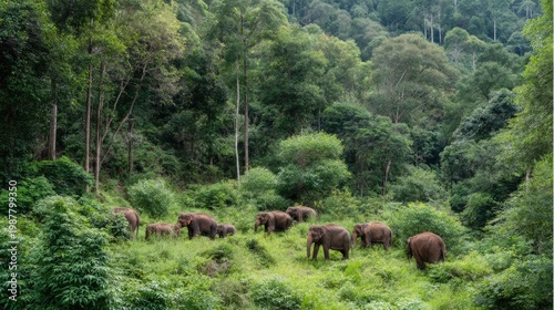 Elephants Roaming in Lush Green Forest Surrounded by Vibrant Nature