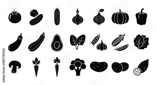 Collection of various black silhouette vegetables and produce icons
