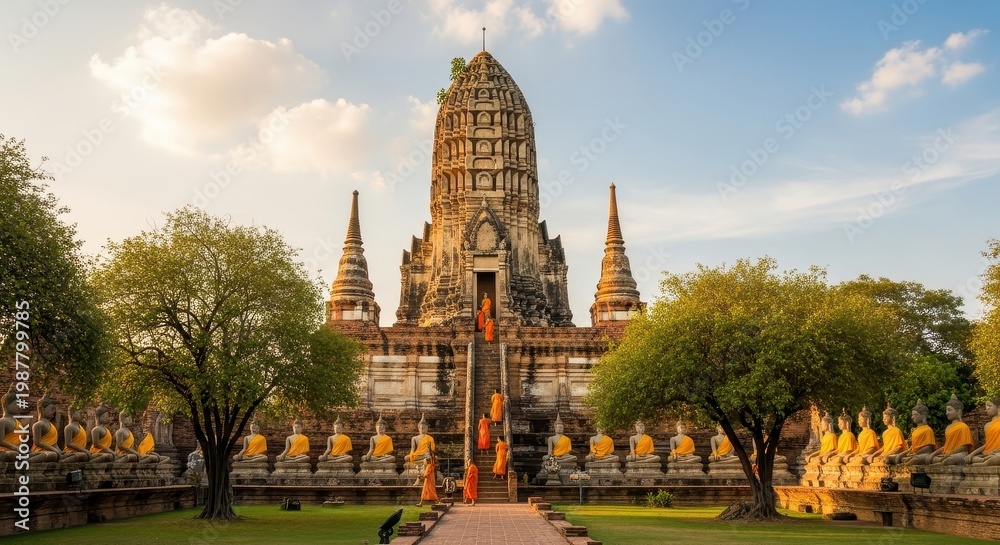 Naklejka premium Ancient Temple Ruins in Ayutthaya, Thailand, Under Cloudy Skies.