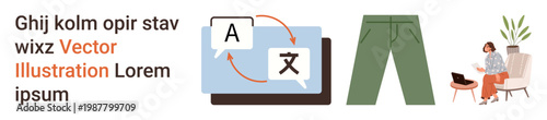 Language services, global communication, remote work, fashion, casual lifestyle, technology. Visuals include translation icons, pants and a remote workspace setup. Language services and global
