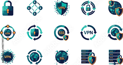 VPN and cybersecurity icon set featuring network encryption data protection secure connection and internet privacy symbols in modern flat style