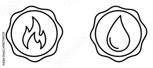 Fire and water drop symbols in wax seals for elemental representation