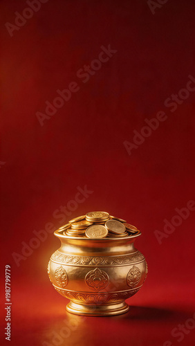  Vertical gold pot composition, minimal red background with empty space for text