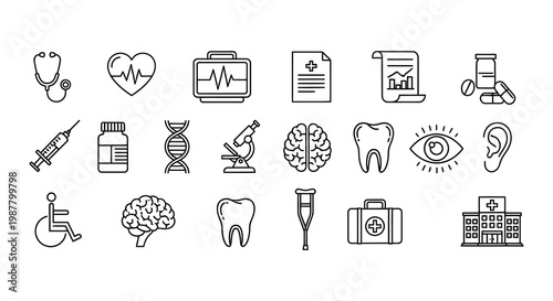 Collection of medical icons representing healthcare research and wellbeing