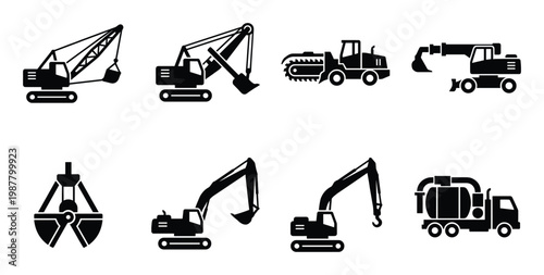 Heavy construction machinery collection featuring excavators, crane, and truck