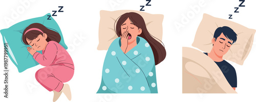 Illustrations of People Sleeping in Comfortable Poses with Blankets and Pillows for Rest and Relaxation Themes