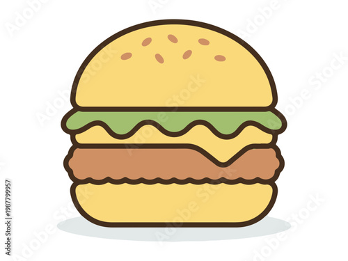 Classic Beef Burger with Cheese and Lettuce, Fast Food Icon Illustration
