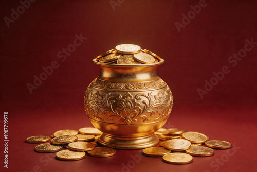Gold pot with coins spread, prosperity and abundance concept, luxury festive design