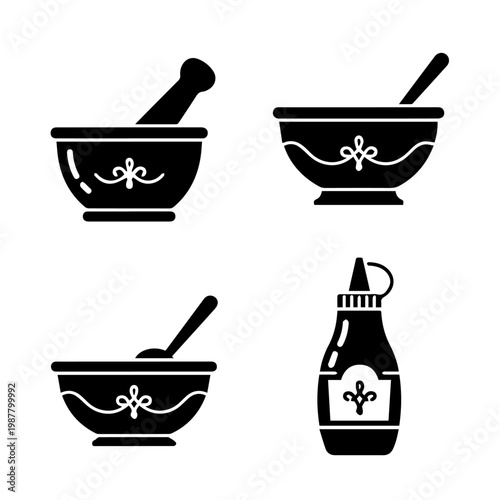 Ornate mortar, pestle, bowl, and bottle silhouette icons