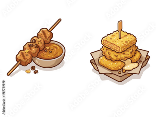 Traditional Snack Set, Grilled Satay Skewer and Fried Crispy Tofu with Sauce
