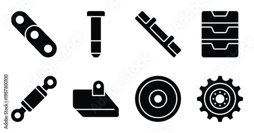 Mechanical components and fasteners like gears, bolts, and hydraulic cylinder