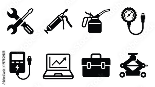 Professional automotive mechanic tools and diagnostic equipment icons for vehicle repair and service