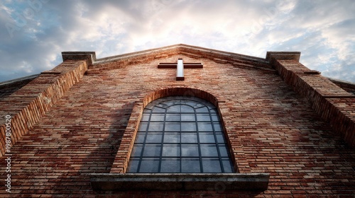 Billede på lærred Sunset View of Brick Church Building with Cross and Dramatic Sky