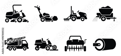 Set of black silhouette icons for lawn care and landscaping machinery and tools